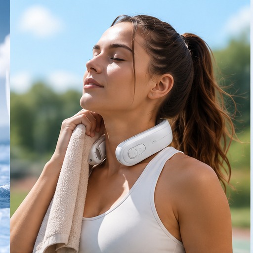 Woman wearing COOLFLEX neck cooler fan outdoors — hands-free personal cooling