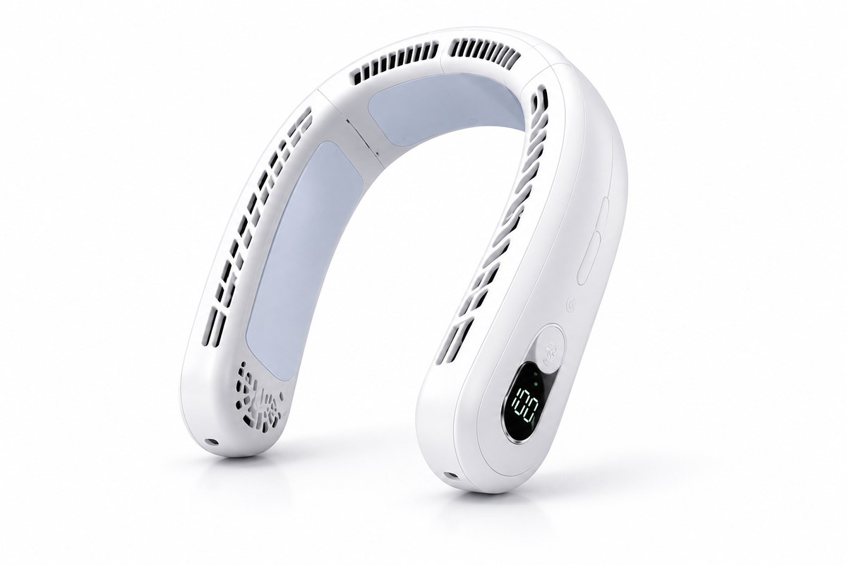 COOLFLEX neck cooler fan in white — portable wearable neck air conditioner, LED display